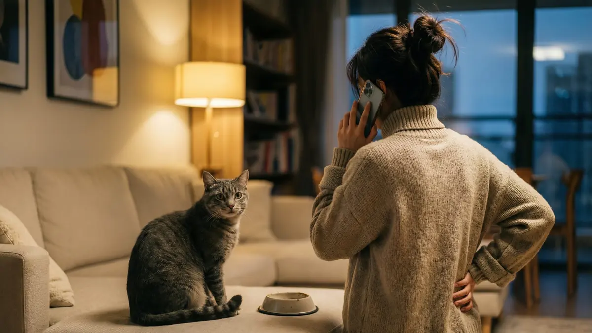 Her call at break time — the cat waiting by its bowl